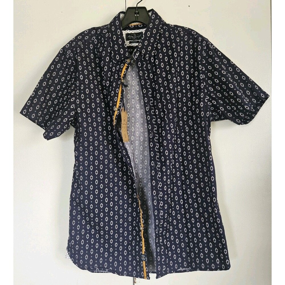Across The Pond Button Up Shirt Mens Large Blue Geometric Print Short Sleeve NWT